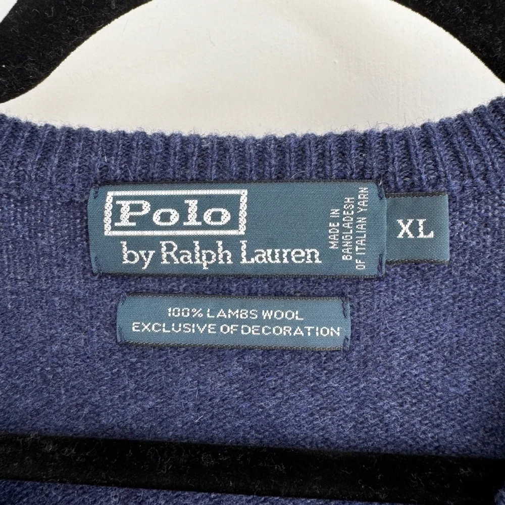 Vintage Polo Ralph Lauren Blue V Neck Lambs Wool Sweater XL - Picture 3 of 4